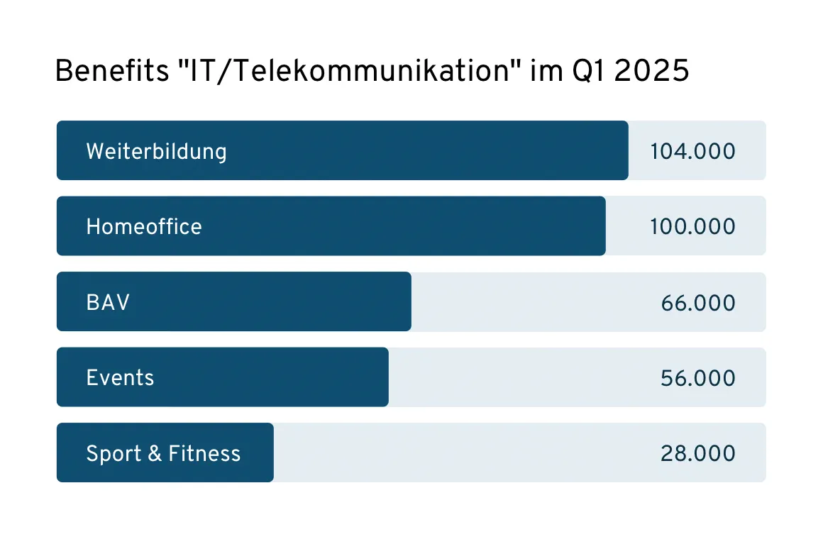 Grafik zu Skill- & Benefitsanalysen für Personalentwicklung mit den meistgenannten Benefits in der IT- und Telekommunikationsbranche im ersten Quartal 2025.